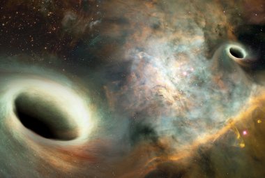 Wizja artystyczna przedstawiająca dwie orbitujące czarne dziury