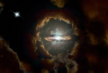 Wizja artystyczna Dysku Wolfe'a, ogromnej wirującej galaktyki dyskowej we wczesnym Wszechświecie.