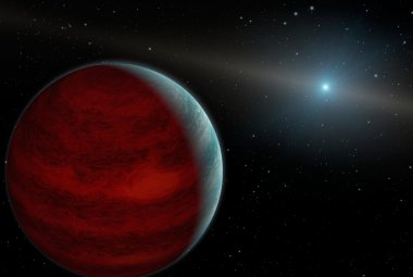 Wizja artystyczna egzoplanety - gazowego olbrzyma na szerokiej orbicie wokół swojej gwiazdy macierzystej.