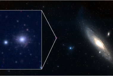 Galaktyka Andromedy wraz z ubogą w metale gromadą kulistą RBC EXT8. Prawa autorskie 2020 ESASky & CFHT