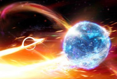 Wizja artystyczna połączenia czarnej dziury z gwiazdą neutronową.