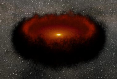  Na ilustracji: wizja artystyczna supermasywnej czarnej dziury rezydującej centrum galaktyki otoczonej przez dysk akrecyjny i torus pyłowy. Źródło: NASA/JPL-Caltech.
