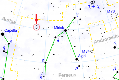Mapka gwiazdozbioru Perseusza z czerwoną strzałka wskazującą układ potrójny b Persei. Tego obiektu nie należy mylić z β Persei (Algol), który również jest widoczny na mapce. W czerwonym kółku zaznaczono trzy jasne gwiazdy około 5 mag. Widać b Persei, a obok po lewej gwiazdę SAO 39457 niezbędną do fotometrii zaćmienia, a nad nimi HIP 20234 (mapka z Wikipedii).