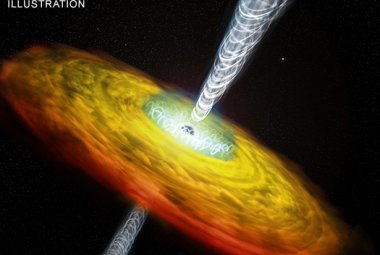 Supermasywna czarna dziura i jej korona (kolor niebieski) oraz pola magnetyczne (biały). Korona znajduje się ponad znacznie gęstszym dyskiem materii (czerwony i żółty), wirując i opadając w kierunku czarnej dziury. 