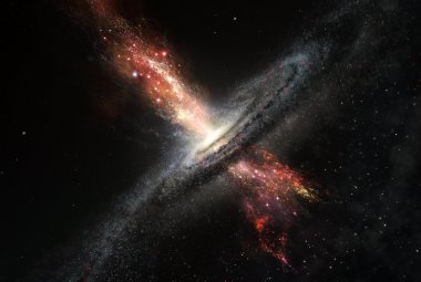Wizja artystyczna przedstawiająca galaktykę formującą gwiazdy, gdy potężne dżety wyrzucane z jej centralnej czarnej dziury zderzają się z otaczającą materią.