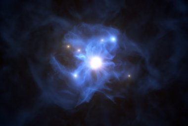 Supermasywna czarna dziura i galaktyki uwięzione w gazowej sieci (wizja artystyczna)