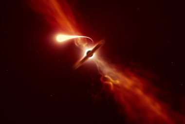 Artystyczna wizja procesu spaghettizacji podczas rozerwania pływowego gwiazdy przez sueprmasywną czarną dziurę