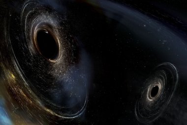 Wizja artystyczna przedstawiająca zderzenie się dwóch czarnych dziur o niewyrównanych orbitach.
