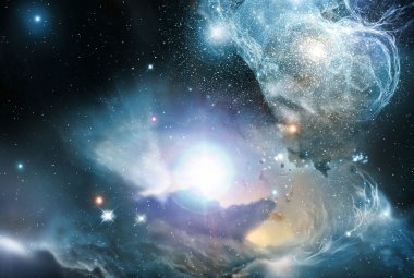 Wizja artystyczna pierwotnej galaktyki zdominowanej przez supermasywną czarną dziurę w swoim centrum.