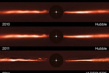 Dysk wokół gwiazdy AU Microscopii na zdjęciach z teleskopów VLT oraz HST. Źródło: ESO, NASA & ESA