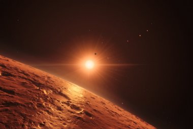 Widok z jednej z planet TRAPPIST-1 (wizja artystyczna). Źródło: ESO/M. Kornmesser/spaceengine.org. 