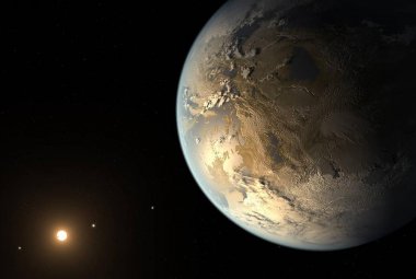 Na ilustracji: Kepler-186f, pierwsza potwierdzona planeta wielkości Ziemi, która okrąża odległą gwiazdę w jej ekosferze (wizja artystyczna). Źródło: NASA Ames/JPL-Caltech/T. Pyle