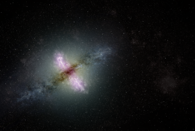 Wizja artystyczna galaktyki z aktywnym jądrem wyrzucającym strumienie materii na zewnątrz z centrum galaktyki.