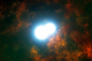  Artystyczna wizja centralnej części mgławicy planetarnej Henize 2-428. W środku widzimy układ dwóch białych karłów na bardzo ciasnej orbicie wokół siebie. 