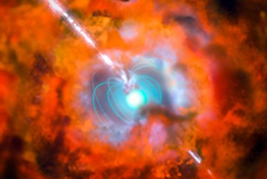  Artystyczna wizja supernowej i związanego z nią rozbłysku gamma wywołanego poprzez magnetara. ESO