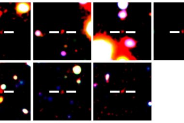 Kolorowa kompozycja fotografii siedmiu galaktyk LAE znalezionych przez naukowców korzystających z Teleskopu Subaru. 