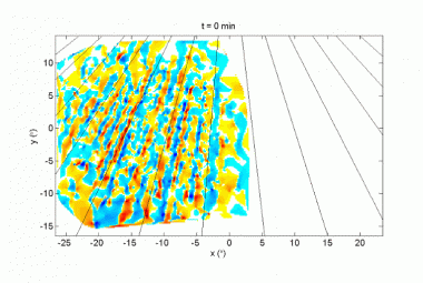 Obserwacje tub plazmy wykonanych przy pomocy teleskopu Murchison Widefield Array. Kolorem oznaczono rozkład tub, zaś czarne linie odpowiadają kierunkowi ziemskiego pola magnetycznego. Źródło: CAASTRO/Loi et al.