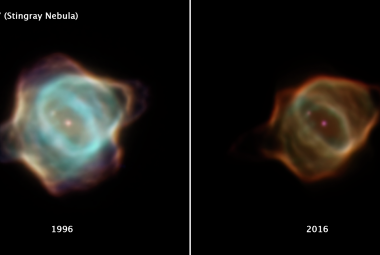 Porównanie dwóch dramatycznie różnych zdjęć Mgławicy Płaszczka (ang. Stingray nebula - taki rodzaj ryby)  uzyskanych przez Kosmiczny Teleskop Hubble'a w odstępie 20 lat. Zdjęcie po lewej z marca 1996 r. przedstawia gwiazdę w środku tej mgławicy, która jest na końcowym etapie życia. Na tym zdjęciu gaz uciekający z tej umierającej gwiazdy jest znacznie jaśniejszy, gdy porównamy ze zdjęciem z prawej strony (styczeń 2016 r.). Mgławica Płaszczka znajduje się w gwiazdozb.Ołtarza. Źródło NASA/ESA