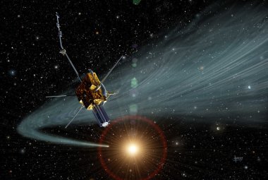 Wizja artystyczna przedstawiająca sondę Ulysses na jego szerokiej orbicie wokół Słońca.