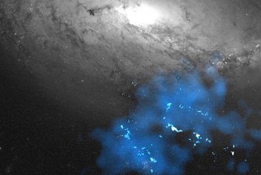Pływowa galaktyka karłowata (niebieska) i galaktyka spiralna (szara).