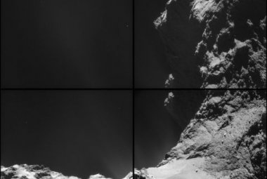 Fragment komety 67P/Churyumov-Gerasimenko sfotografowany z odległości 7,8km przez Rosette. http://blogs.esa.int