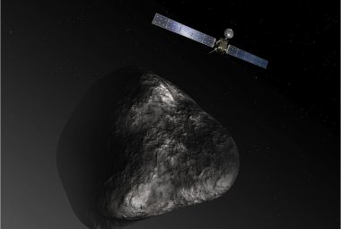 Tak wyobrażamy sobie Rosette orbitującą wokół komety 67P/Churyumov-Gerasimenko.  (nie zachowano skali!) Źródło: NASA/ESA/ATG Medialab
