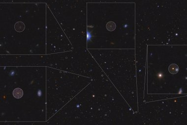 Obraz tworzącej się badanej gromady galaktyk oddalonej od nas o 12,5 mld lat świetlnych.