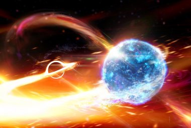 Wizja artystyczna układu podwójnego czarnej dziury i gwiazdy neutronowej.