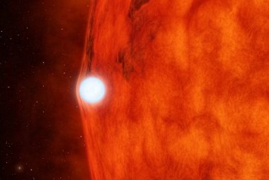 Na zdjęciu: Artystyczna wizja TŻO, gwiazda neutronowa (biała kula) we wnętrzu czerwonego nadolbrzyma. Źródło: JPL/NASA.