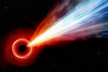 Wizja artystyczna kwazara podobnego do PJ352-52 i jego dżetu z bliskiej odległości. Źródło: NASA / CXC / M. Weiss