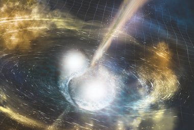 Wizja artystyczna przedstawiająca łączenie się układu podwójnego gwiazd neutronowych.