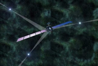 Artystyczna wizja sondy kosmicznej Rosetta, która porusza się w oparciu o sygnały pochodzące z odległych pulsarów. Dzięki nim statek może wyznaczyć swoją pozycję oraz prędkość. Źródło: arXiv:1305.4842 [astro-ph.HE]