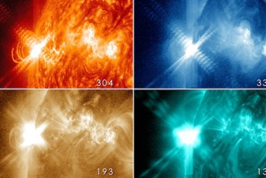 Cztery obrazy z satelity NASA Solar Dynamics Observatory, przedstawiające rozbłysk słoneczny klasy X3.2, zarejestrowany późną nocą 13 maja. Mozaika rozpoczyna się w górnym, lewym rogu zdjęcia i przedstawia odpowiednio fotografie wykonane na długościach fali 304, 335, 193 i 131 angstremów. Patrząc na to zjawisko widoczne na różnych długościach fal naukowcy mogą badać własności materii słonecznej w różnych temperaturach. Dzięki temu być może dowiedzą się, co powoduje takie a nie inne rozbłyski. Źródło: NASA/S
