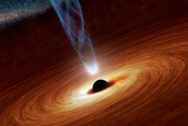 Wizja artystyczna ukazująca supermasywną czarną dziurę otoczoną przez wirującą materię. Na rysunku zaznaczono również obecność strug energetycznych cząstek, zwanych dżetami. Naukowcy uważają, że silnikiem zasilającym dżety jest spin czarnej dziury. Źródło: NASA/JPL-Caltech
