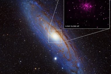 Obserwacje wykonane przy pomocy Kosmicznego Teleskopu Chandra pozwoliły na identyfikację 26 kandydatów na czarne dziury w sąsiadującej z Drogą Mleczną galaktyce Andromedy. Żródło: NASA/CXC/SAO/R. Barnard, Z. Lee et al.; Optical: NOAO/AURA/NSF/REU Program/B. Schoening, V. Harvey and Descubre Foundation/CAHA/OAUV/DSA/V. Peris