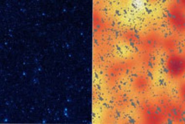 Po lewej: przekrój przez całe niebo - w kierunku gwiazdozbioru Wolarza, w podczerwieni. Po prawej: to sam, ale w innej skali kolorystycznej. Tu galaktyki i inne znane źródła promieniowania podczerwonego zostały przedstawione w szarościach. Pozostaje wówczas doskonale tu widoczny, plamisty "róż". Astronomowie próbują wciąz zbadać, skąd może on pochodzić. Źródło: NASA / JPL-Caltech / UC Irvine