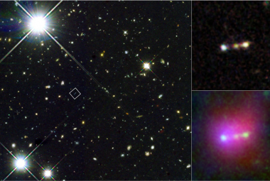 Struktura Himiko – mergera złożonego z trzech młodych, jasnych galaktyk, jakie byłyby widziane w bardzo wczesnym Wszechświecie. Po lewej: Himiko i inne odległe galaktyki. Źródło: NASA/HST. Na górze, po prawej: Zbliżenie na Himiko (NASA/HST). Nieco niżej, po prawej: Himiko z dodatkowymi danymi z Kosmicznego Teleskopu Spitzera i Teleskopu Subaru, źródło: NASA/HST; NASA/Spitzer; NAOJ/Subaru. 
