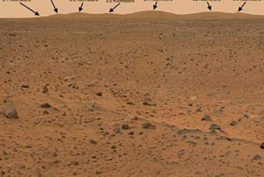 Wzgórza na wschód od miejsca lądowania sondy Spirit będą nazwane na cześć członków wahadłowca Columbia. Kliknij, by powiększyć. Fot. NASA/JPL. 