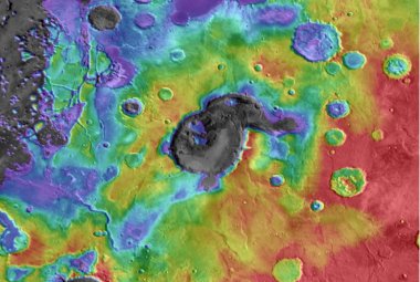 Wyniki ostatnich badań wskazują, że Eden Patera na Marsie mógł zostać uformowany dzięki działalności wulkanów. Obszar pokazany został na ilustracji. Kolor czerwony i żółty wskazuje obszary położone wyżej niż te oznaczone na niebiesko i szaro. Źródło: NASA