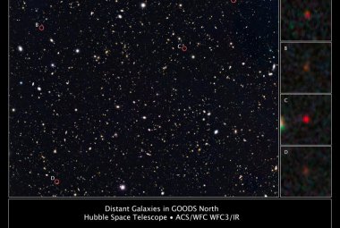 Fragment przeglądu nieba wykonanego przez Kosmiczny Teleskop Hubble'a. Otrzymane zdjęcie jest wynikiem złożenia obserwacji w zakresie widzialnym i podczerwonym. Czerwonymi okręgami oznaczone zostały nowoodkryte galaktyki, których powstanie naukowcy szacują na około 500 milionów lat po Wielkim Wybuchu. Źródło: NASA