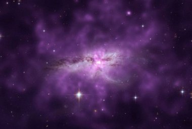 Obraz w wysokoenergetycznych promieniach X z obserwatorium orbitalnego Chandra (w purpurze) połączono komputerowo z obrazem optycznym z Teleskopu Hubble'a. Widoczna na nim, ogromna chmura gorącego gazu może być efektem licznych błysków spowodowanych przez procesy gwiazdotwórcze, trwające przez co najmniej 200 milionów lat. Widoczne są tu także pływowe ogony materii wydobywającej się ze zlewających się galaktyk, rozciągające się ku prawej i dolnej stronie fotografii. Źródło: X-ray (NASA/CXC/SAO/E.Nardini et 