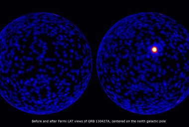 Animacja pokazująca, jak wygląda niebo na wysokoenergetycznych falach Gamma, o energii przewyższającej nawet 100 milionów elektronowoltów (MeV), z wycentrowaniem na północny biegun galaktyczny. Pierwsza klatka animacji to niebo na około trzy godziny przed błyskiem GRB 130427A. Druga przedstawia trzygodzinny przedział czasu rozpoczynający się na 2,5 godziny przed rozbłyskiem i kończący się pół godziny po nim. Ukazuje to, jak jasne jest takie zjawisko w porównaniu z zresztą nieba widzianą w wysokich energiach