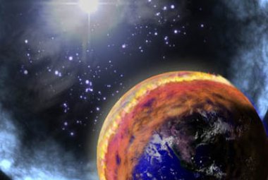Wizja artysty rozbłysku gamma bliskiego Ziemi. Źrodło: NASA.