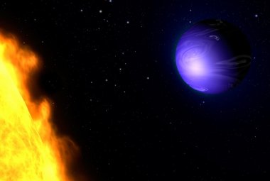 Artystyczne wyobrażenie planety pozasłonecznej HD 189733b okrążającej swą żółtawo-pomarańczową gwiazdę, HD 189733. Teleskop Hubble'a zmierzył barwy tego globu w świetle widzialnym. Okazało się, że dominuje tu głęboki błękit. Źródło: NASA/ESA/G. Bacon (STScI) 