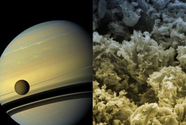 Po lewej - Saturn z księżycem Tytan, sfotografowany przez sondę Cassini, po prawej - powierzchni węgla aktywowanego NORIT ze skaningowego mikroskopu elektronowego FEI Nova NanoSEM 450. Źródło: Źródło: NASA/JPL-Caltech/Space Science Institute, IChF PAN.