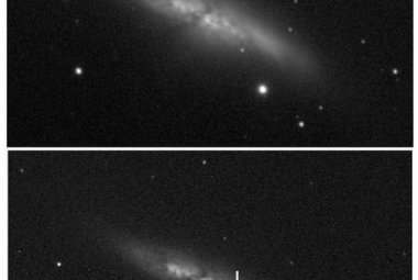 Dwa zdjęcia przedstawiające galaktykę M 82 przed i w trakcie zjawiska. Zdjęcie powyżej wykonano 10 grudnia 2013 roku, zaś poniżej 21 stycznia 2014 roku. Na zdjęciu bardzo dobrze widoczna jest jasna plamka, mimo że była to krótka ekspozycja i pozostała część galaktyki wydaje się ciemna. Źródło: UCL/University of London Observatory/Steve Fossey/Ben Cooke/Guy Pollack/Matthew Wilde/Thomas Wright