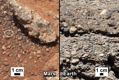  Zdjęcie przedstawia  skały sfotografowane na Marsie (lewy panel) i podobne skały widziane na Ziemi (prawy panel). 