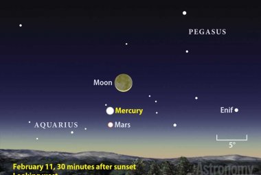 Merkury będzie najwyżej ponad horyzontem w czasie jego maksymalnej elongacji -  16 lutego 2013. Źródło: Roen Kelly