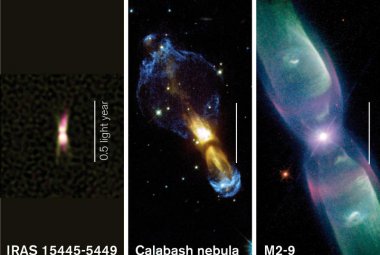 Dwa, nieco starsze obiekty: Mgławica Tykwa (środkowe zdjęcie), która jest tuż przed etapem mgławicy planetarnej oraz młoda mgławica planetarna M 2-9 (po prawej). Tak właśnie mogą wyglądać dalsze etapy ewolucji IRAS 15445-5449 (po lewej). Biała kreska odpowiada odległości 0,5 roku świetlnego.   Źródło: E. Lagadec/ESO/A. Pérez Sánchez; NASA/ESA & Valentin Bujarrabal; B. Balick, V. Icke, G. Mellema and NASA/ESA
