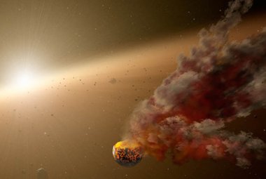 Na zdjęciu: Artystyczna wizja zderzenia asteroid znajdujących się w dysku pyłowym wokół NGC 2547-ID8. Źródło: NASA/JPL-Caltech